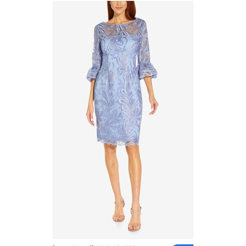 Adrianna Papell Women Light Blue Embroidered Sequin Knee Dress Size 0 1898 - Picture 1 of 10
